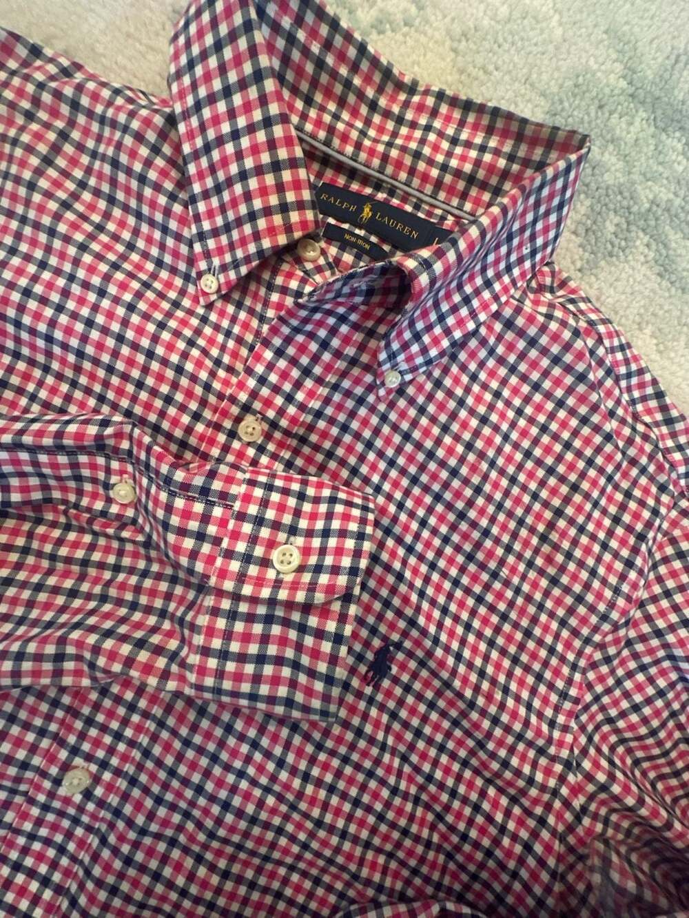 Ralph Lauren Men's Non-Iron Long Sleeve Button-Down Shirt Red and Navy Check